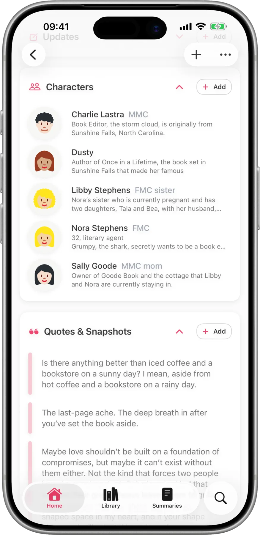 Readcap characters and quotes collection screen
