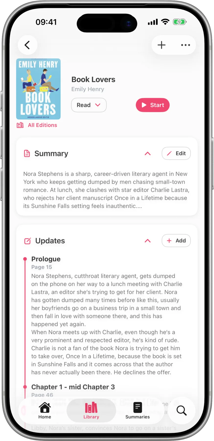 Readcap chapter updates screen showing reading notes and progress entries