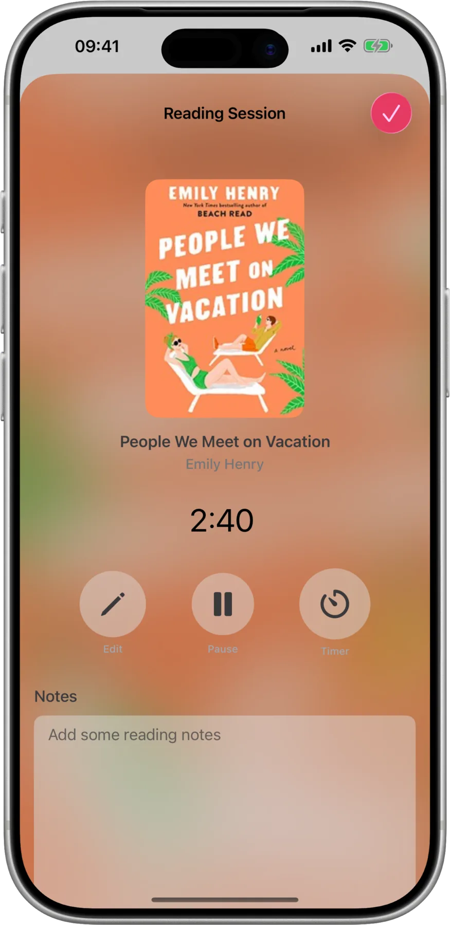 Readcap reading session timer with warm gradient background and book controls