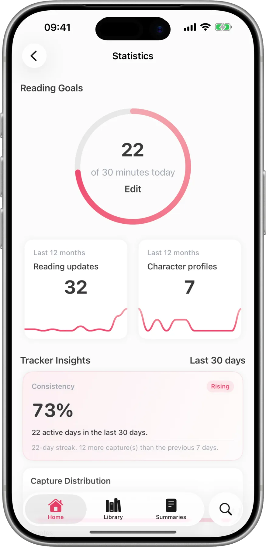 Readcap reading statistics with daily goals and streaks