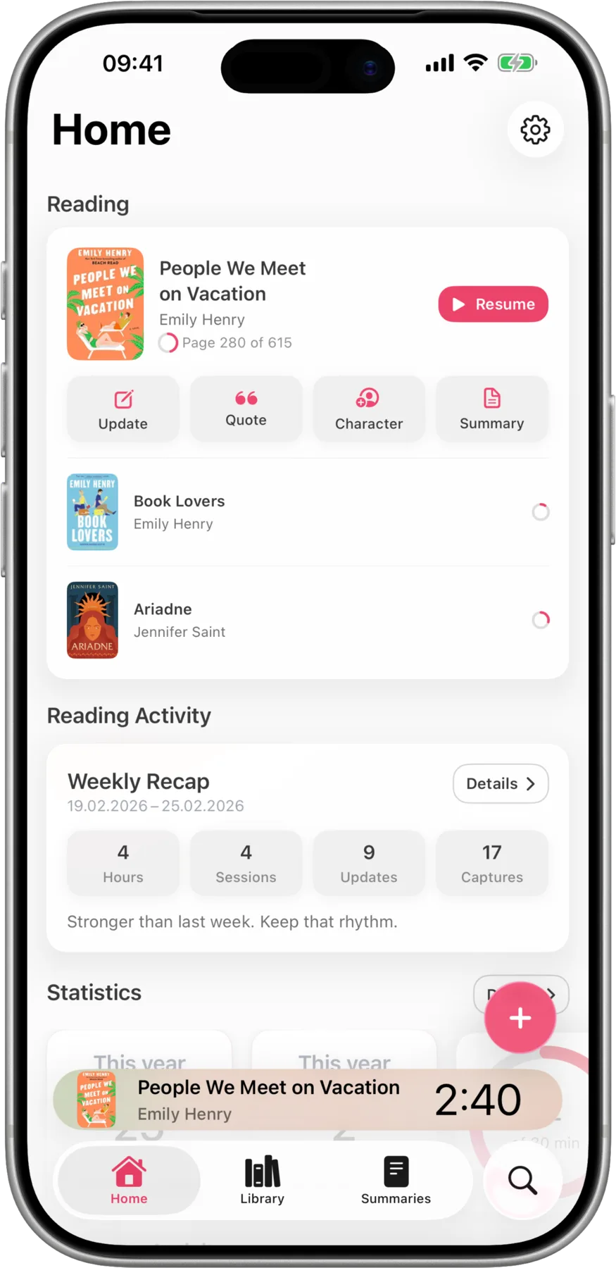 Readcap home dashboard showing active books, progress bars, and quick actions