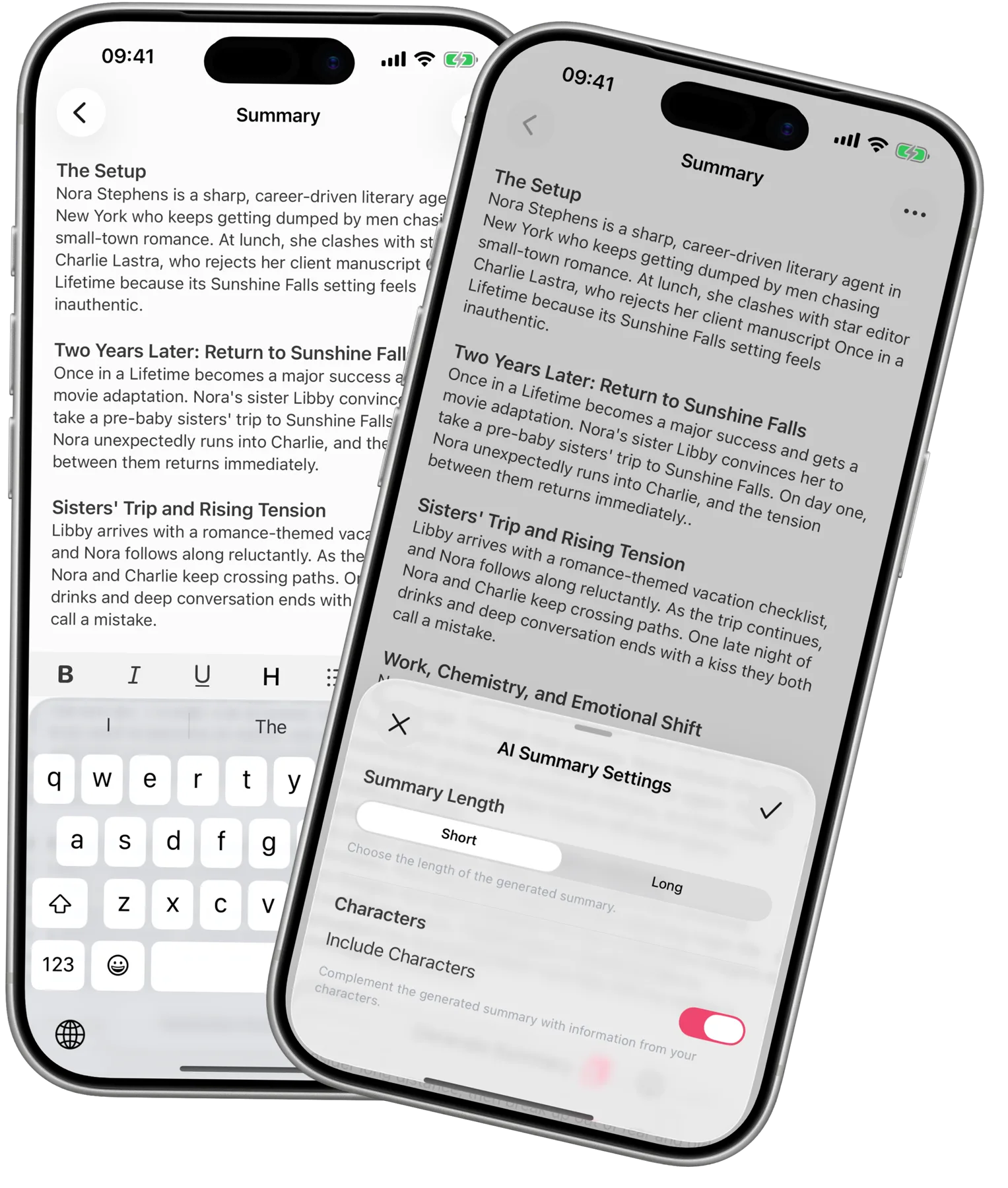 Readcap summary modes showing AI-generated and manual summary editing side by side