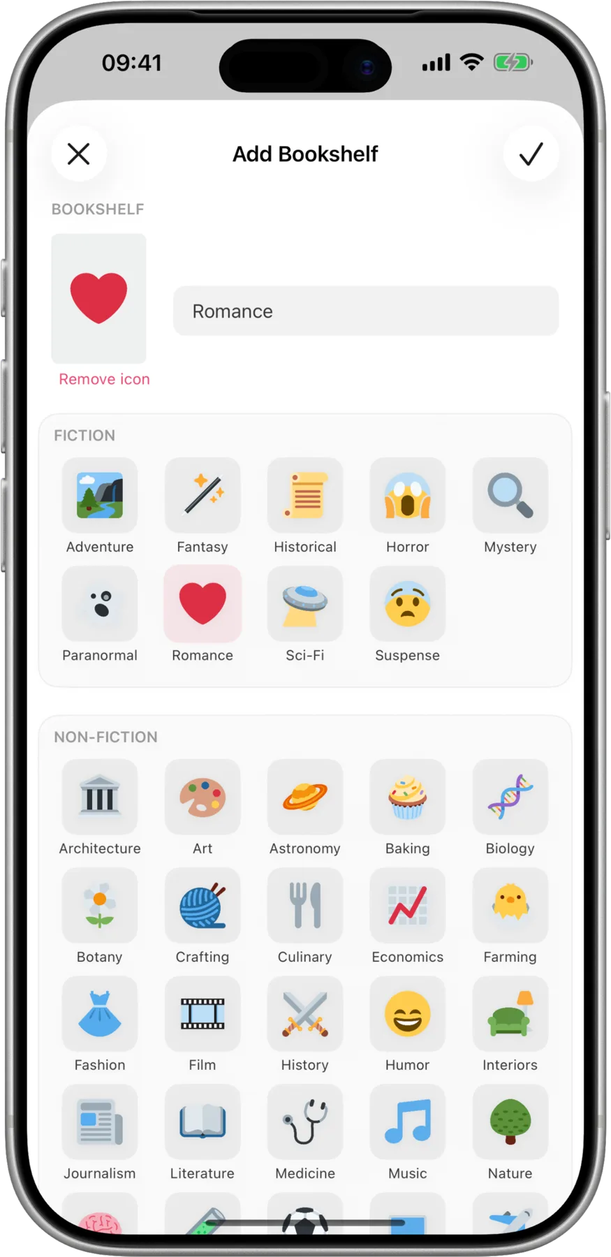 Readcap custom bookshelves creation with available icons