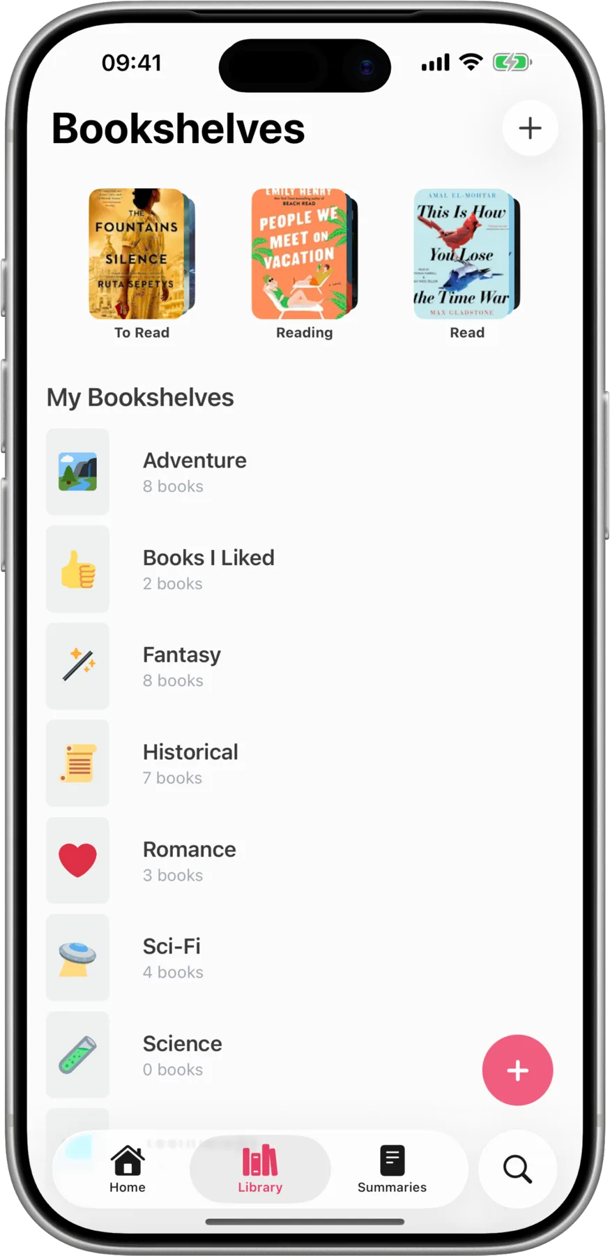 Readcap bookshelves screen with custom collections and colorful icons